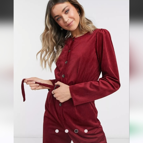 Asos Design Long Sleeve Button Front Belted Corduroy Jumpsuit in Burnt Red - Picture 2 of 11